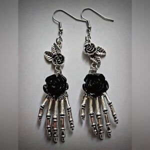 Victorian Goth Skeleton Hands Black Rose Accent Engraved Details